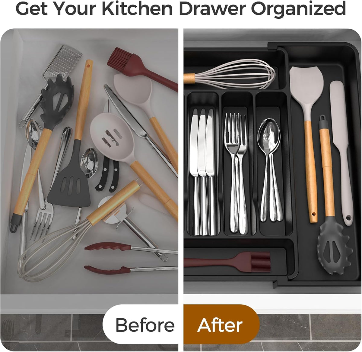 Extra Large Expandable Silverware Organizer, Flatware Tray, Black