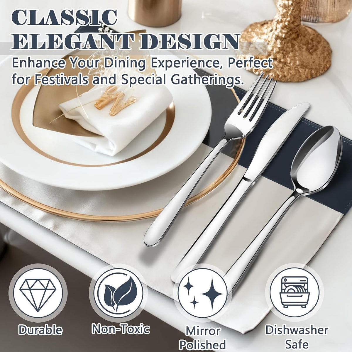 49 Piece Stainless Steel Silverware Set with Steak Knives - 8 Person Silverware Set with Organizer, Include Knives, Forks & Spoons Flatware Set for Apartment & Restaurant