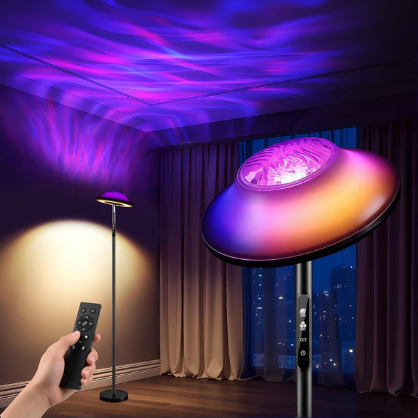 Uplighter LED Floor Lamp | RGB & Water Ripple Dynamic, Warm Cool White Light Standing Lamp with Remote Control, 3000K-6000K, Color-Changing Lighting for Living Room, Bedroom and Gaming Room