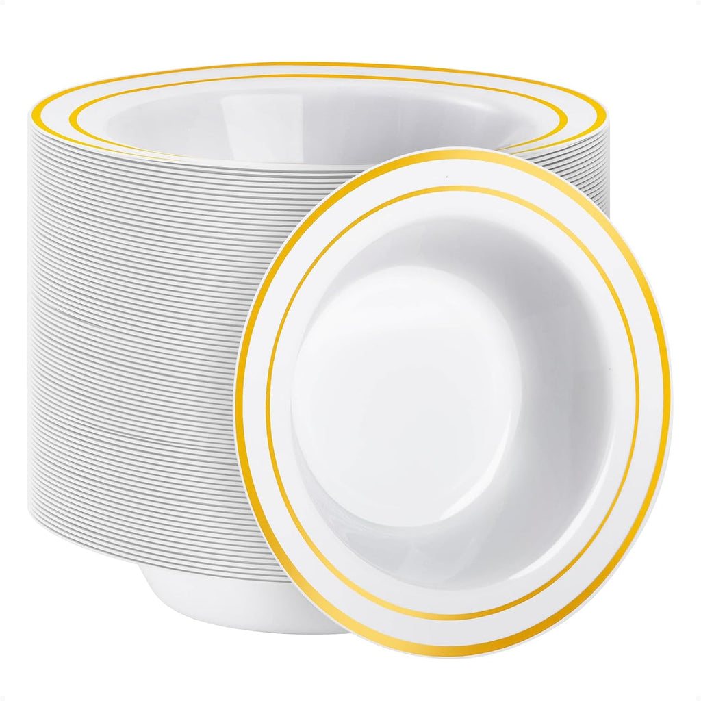 50 Pack Plastic Bowls with Gold Rim