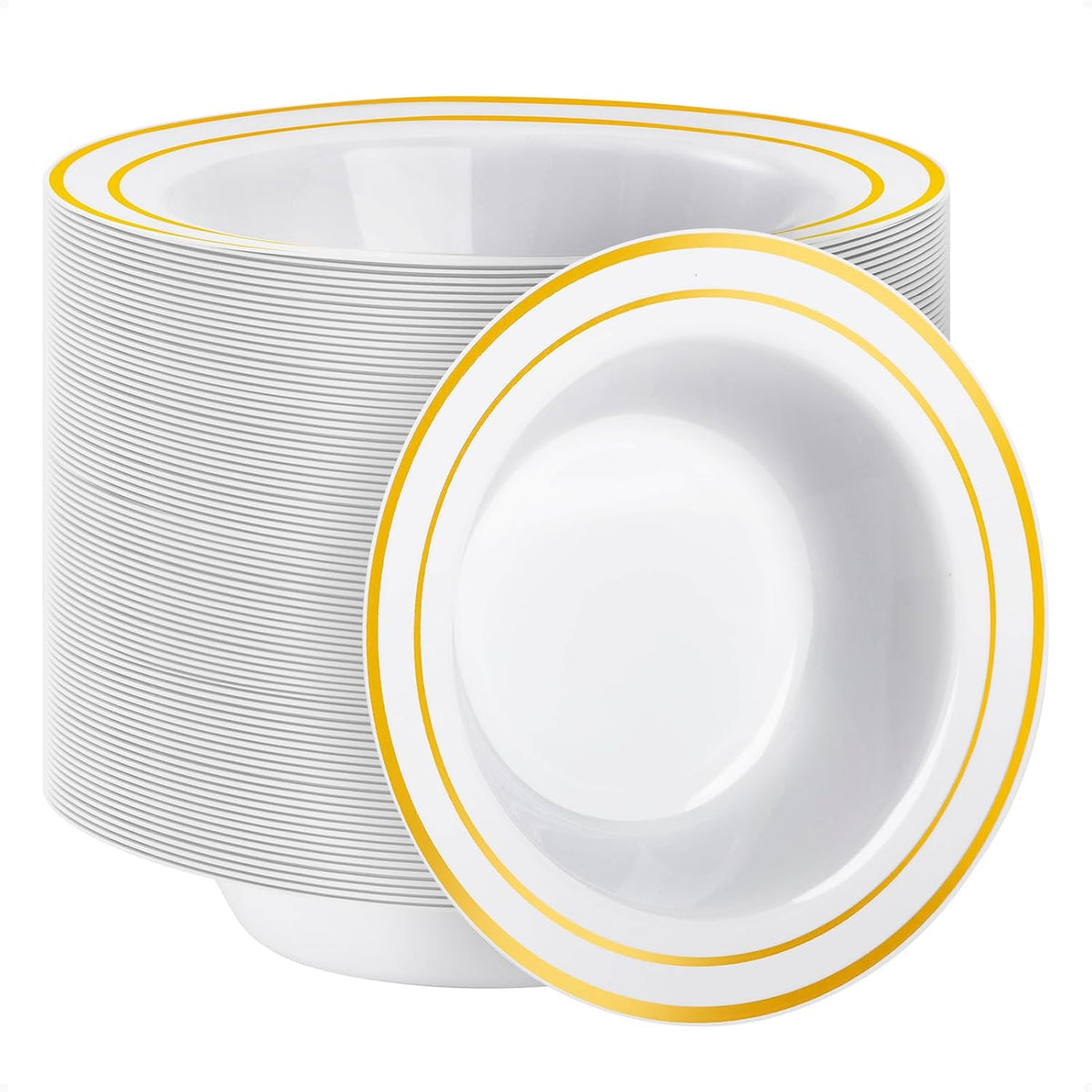 50 Pack Plastic Bowls with Gold Rim