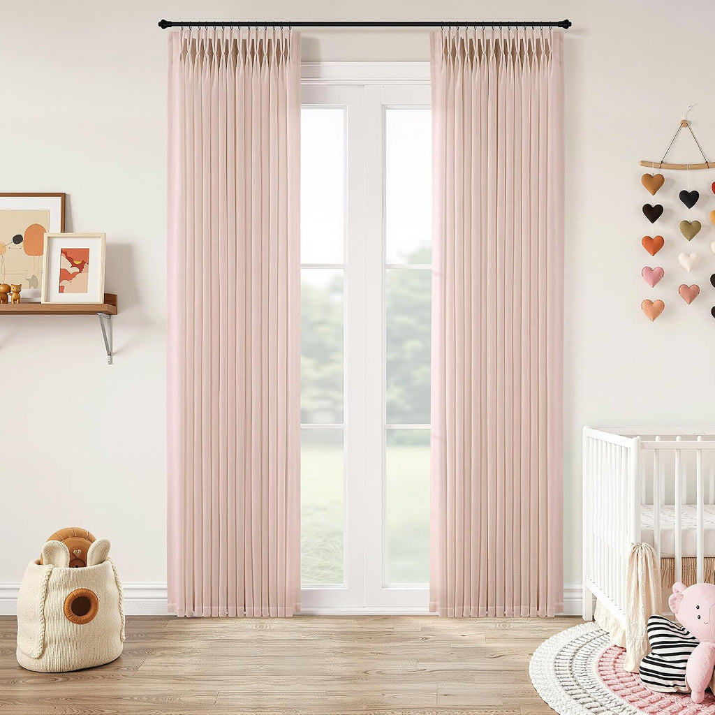Pinch Pleated Linen Curtains 90 Inches Long Semi Sheer 2 Panels Natural