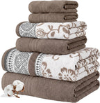 6 Piece Bath Towel Set – Bathroom Set with 2 Bath Towels, 2 Hand Towels, and 2 Wash Cloths – 100% Cotton, Super Absorbent & Extra Soft – Reversible Botanical Vine (Taupe Brown)