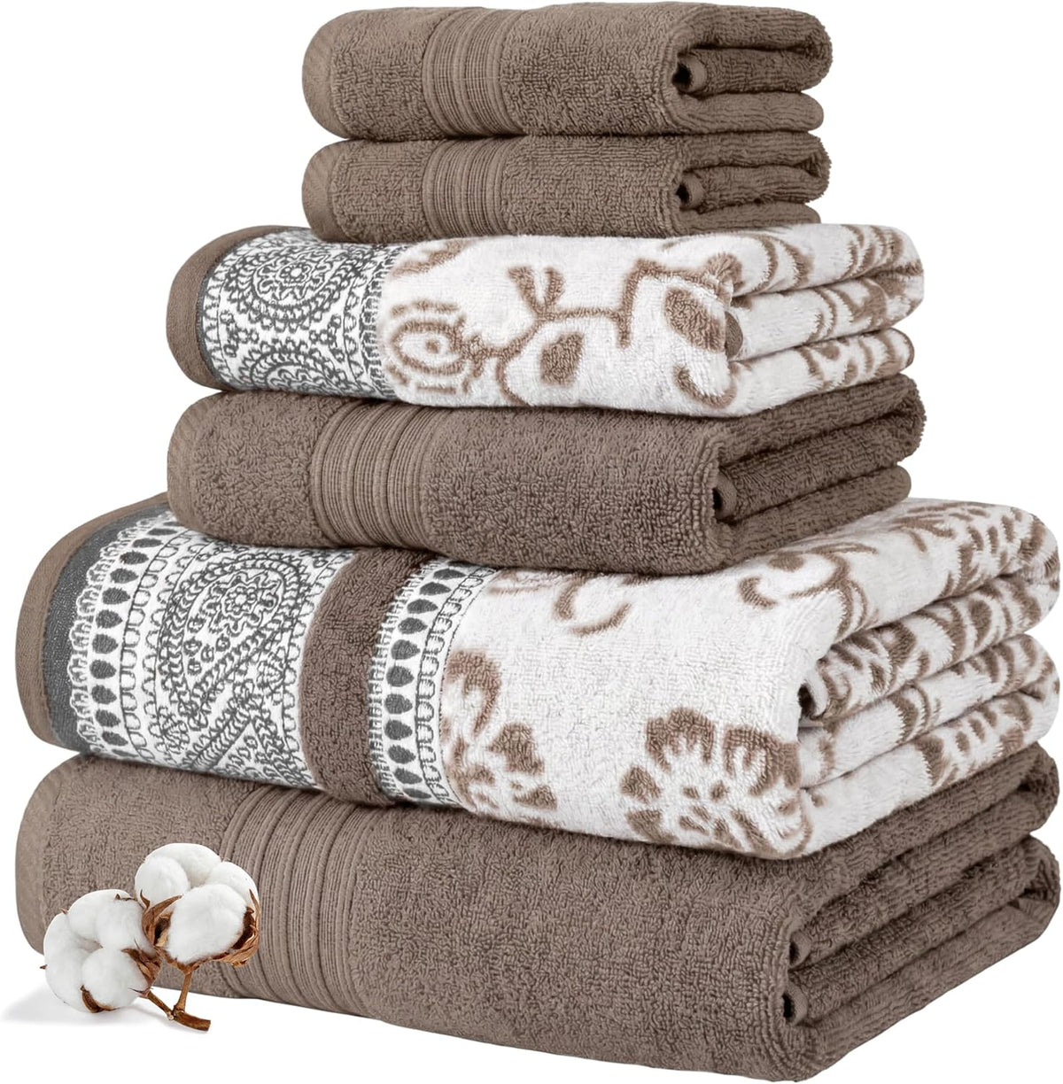 6 Piece Bath Towel Set – Bathroom Set with 2 Bath Towels, 2 Hand Towels, and 2 Wash Cloths – 100% Cotton, Super Absorbent & Extra Soft – Reversible Botanical Vine (Taupe Brown)