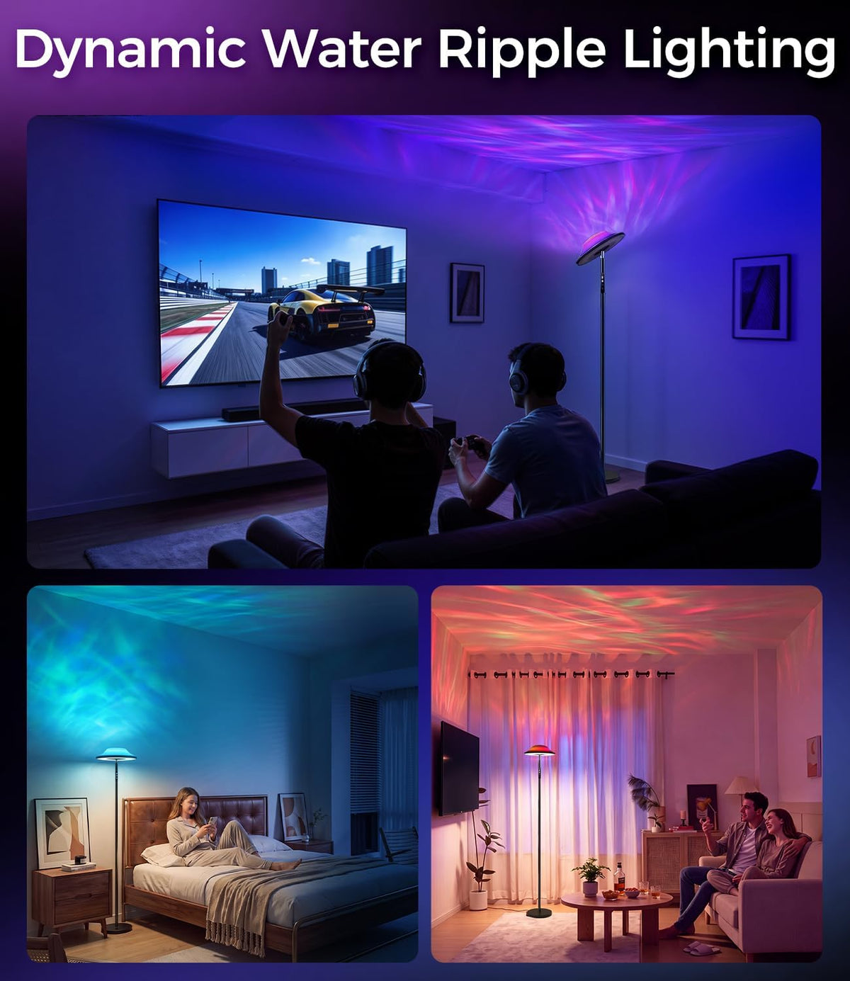 Uplighter LED Floor Lamp | RGB & Water Ripple Dynamic, Warm Cool White Light Standing Lamp with Remote Control, 3000K-6000K, Color-Changing Lighting for Living Room, Bedroom and Gaming Room