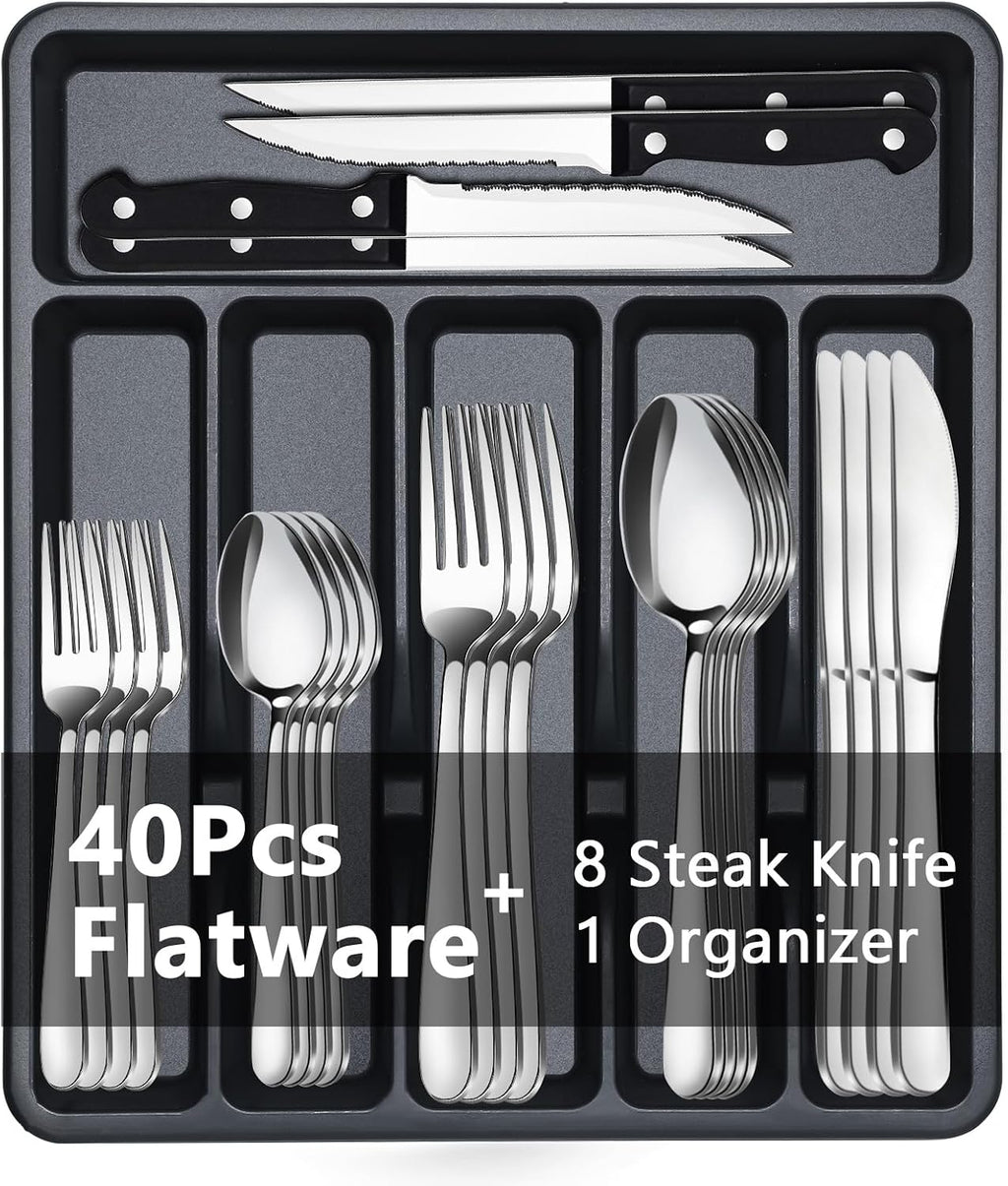 49 Piece Stainless Steel Silverware Set with Steak Knives - 8 Person Silverware Set with Organizer, Include Knives, Forks & Spoons Flatware Set for Apartment & Restaurant