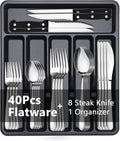 49 Piece Stainless Steel Silverware Set with Steak Knives - 8 Person Silverware Set with Organizer, Include Knives, Forks & Spoons Flatware Set for Apartment & Restaurant