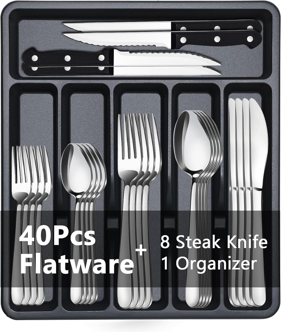 49 Piece Stainless Steel Silverware Set with Steak Knives - 8 Person Silverware Set with Organizer, Include Knives, Forks & Spoons Flatware Set for Apartment & Restaurant