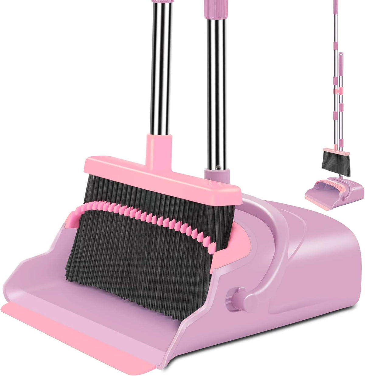 Upgrade Broom and Dustpan Set, Self-Cleaning with Dustpan Teeth, Indoor&Outdoor Sweeping, Ideal for Dog Cat Pets Home Use, Stand up Broom and Dustpan (Gray&Orange)
