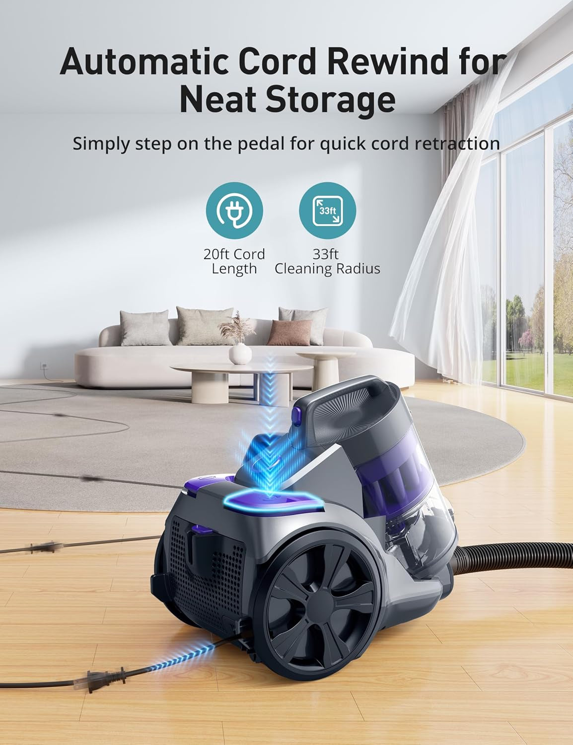 1700W Canister Vacuum, 45Kpa Bagless Vacuum Cleaner for Home