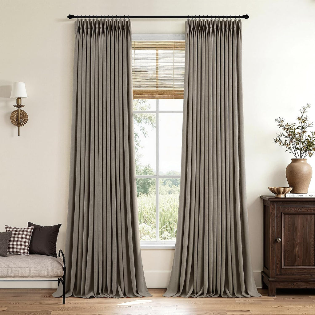 Pinch Pleated Linen Curtains 90 Inches Long Semi Sheer 2 Panels Natural