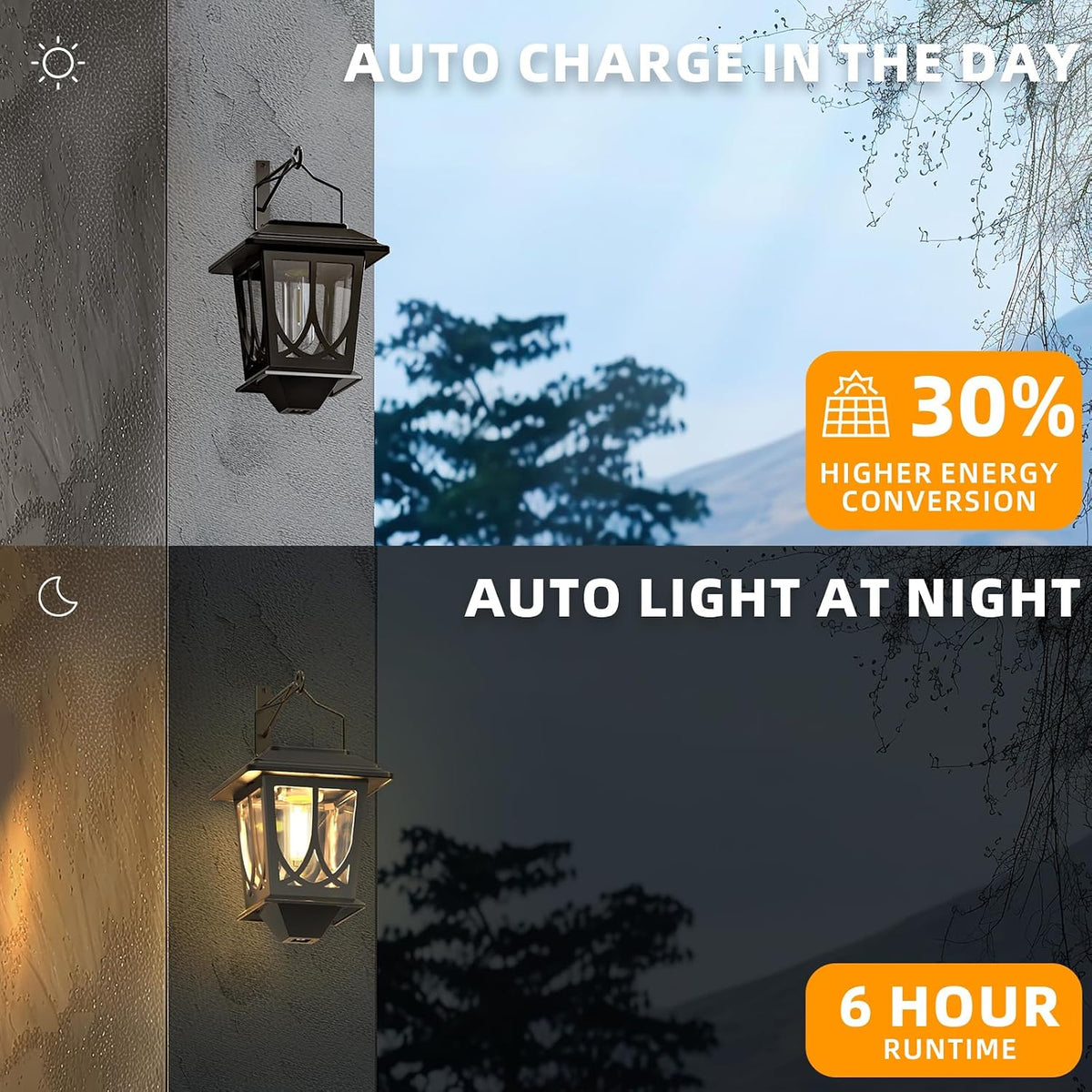 Solar Lanterns Outdoor Waterproof 2 Pack, Glass Auto On/Off LED Hanging Solar Lights, Outdoor Lantern with Wall Mount for Yard Fence Patio - Black