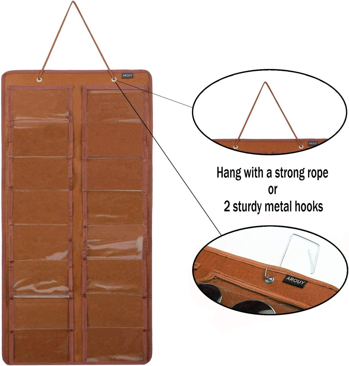 Sunglasses Organizer Storage, Hanging Dust Proof Wall Pocket Glasses Organizer - 16 Felt Slots Sunglass Organizers Holder with Metal Hook and Sturdy Rope (Brown, Dust Proof)