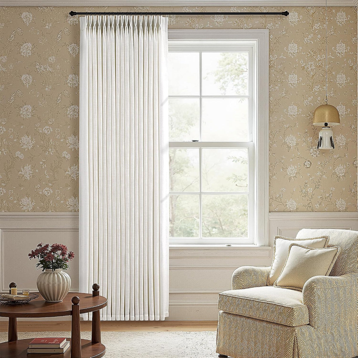 Pinch Pleated Linen Curtains 90 Inches Long Semi Sheer 2 Panels Natural