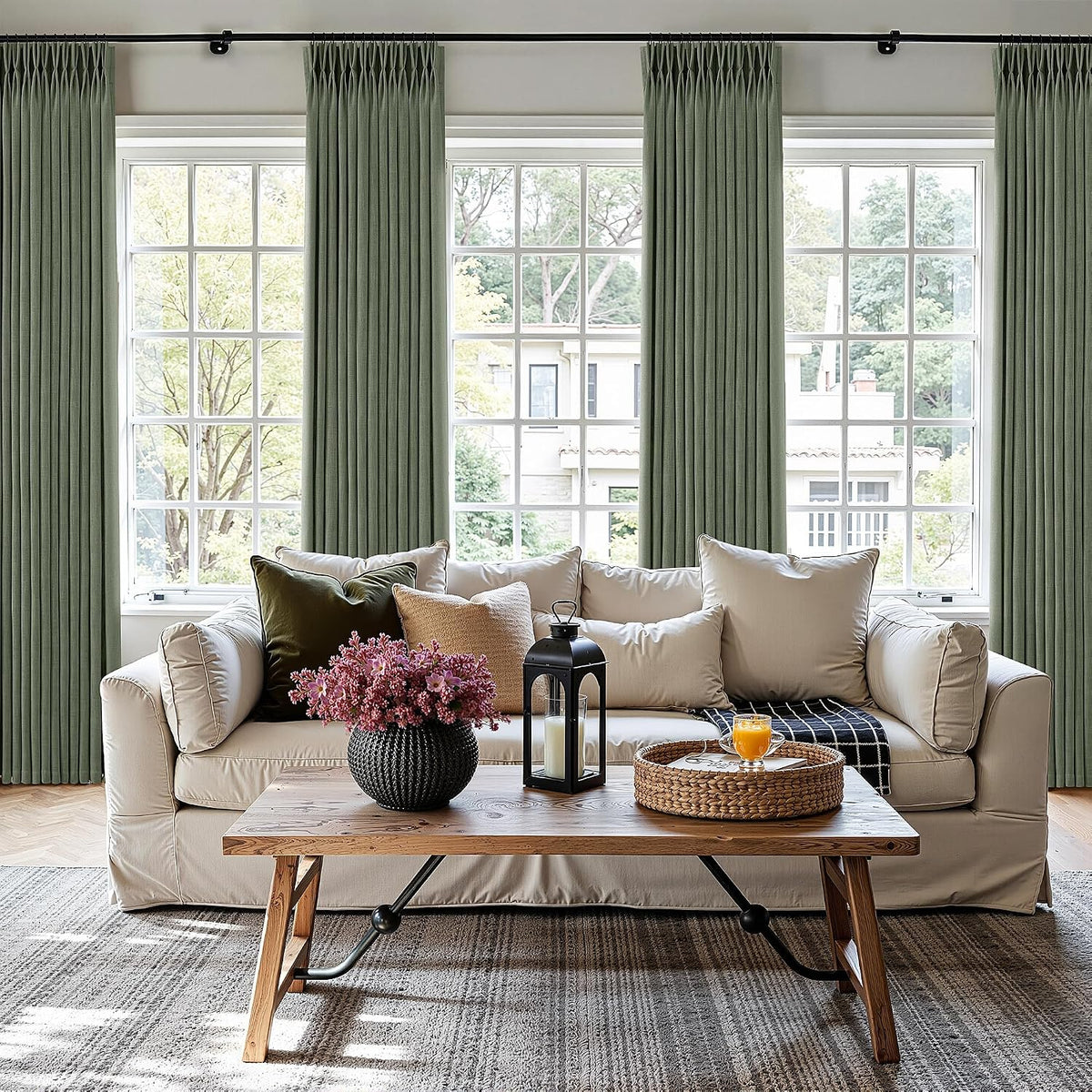 Pinch Pleated Linen Curtains 90 Inches Long Semi Sheer 2 Panels Natural