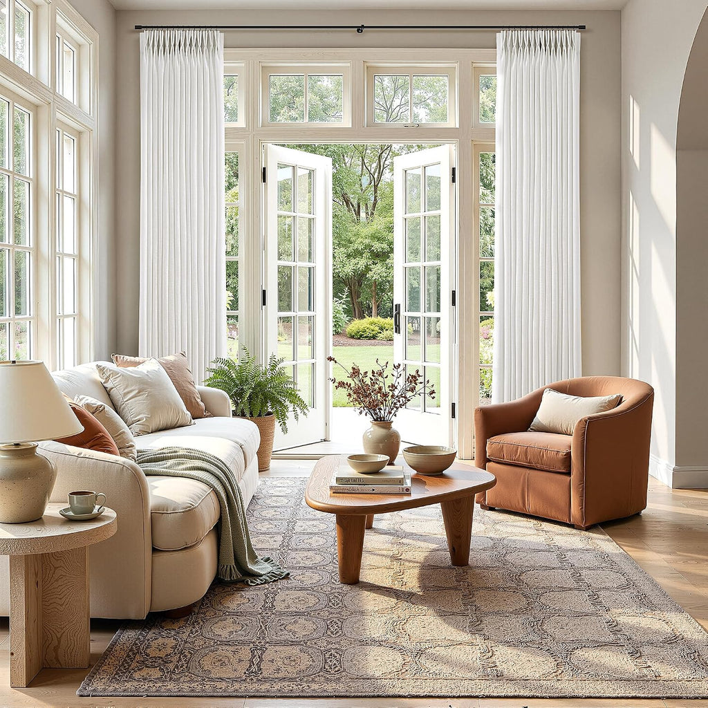 Pinch Pleated Linen Curtains 90 Inches Long Semi Sheer 2 Panels Natural