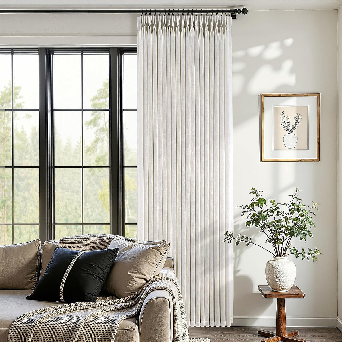 Pinch Pleated Linen Curtains 90 Inches Long Semi Sheer 2 Panels Natural