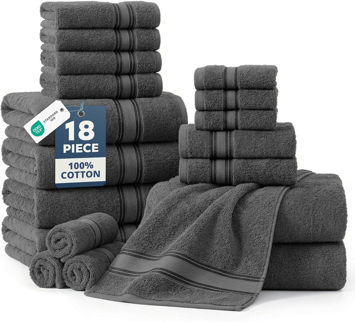 Bath Towel Set 100% Cotton 18 Piece Soft Absorbent - Grey