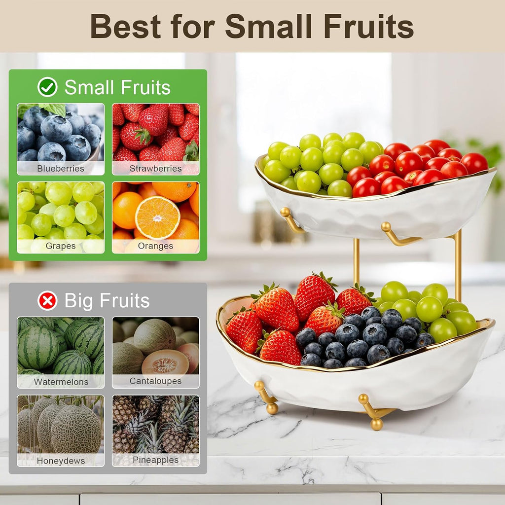 Fruit Bowl for Kitchen Counter - 2 Tier Ceramic Fruit Basket, Fruit Holder for Fresh Fruit & Veggies, Modern Tiered Fruit Platter Serving Trays for Party