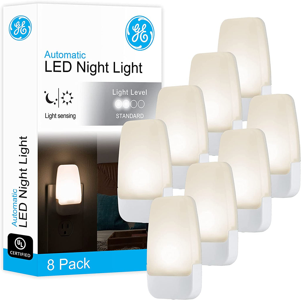 GE Plug in Night Light, Dusk to Dawn Sensor, Warm White 3000K, 8 Pack
