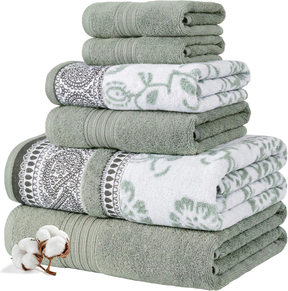6 Piece Bath Towel Set – Bathroom Set with 2 Bath Towels, 2 Hand Towels, and 2 Wash Cloths – 100% Cotton, Super Absorbent & Extra Soft – Reversible Botanical Vine (Taupe Brown)