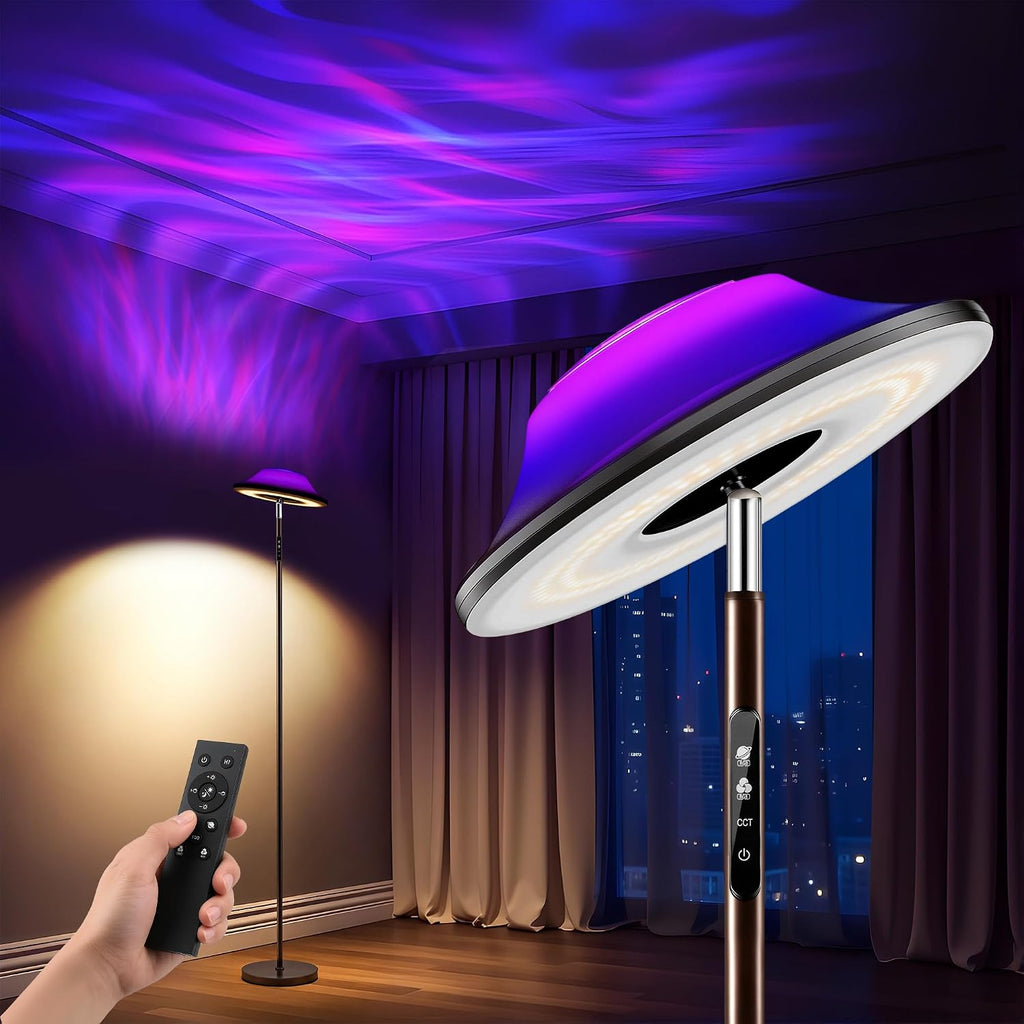 Uplighter LED Floor Lamp | RGB & Water Ripple Dynamic, Warm Cool White Light Standing Lamp with Remote Control, 3000K-6000K, Color-Changing Lighting for Living Room, Bedroom and Gaming Room