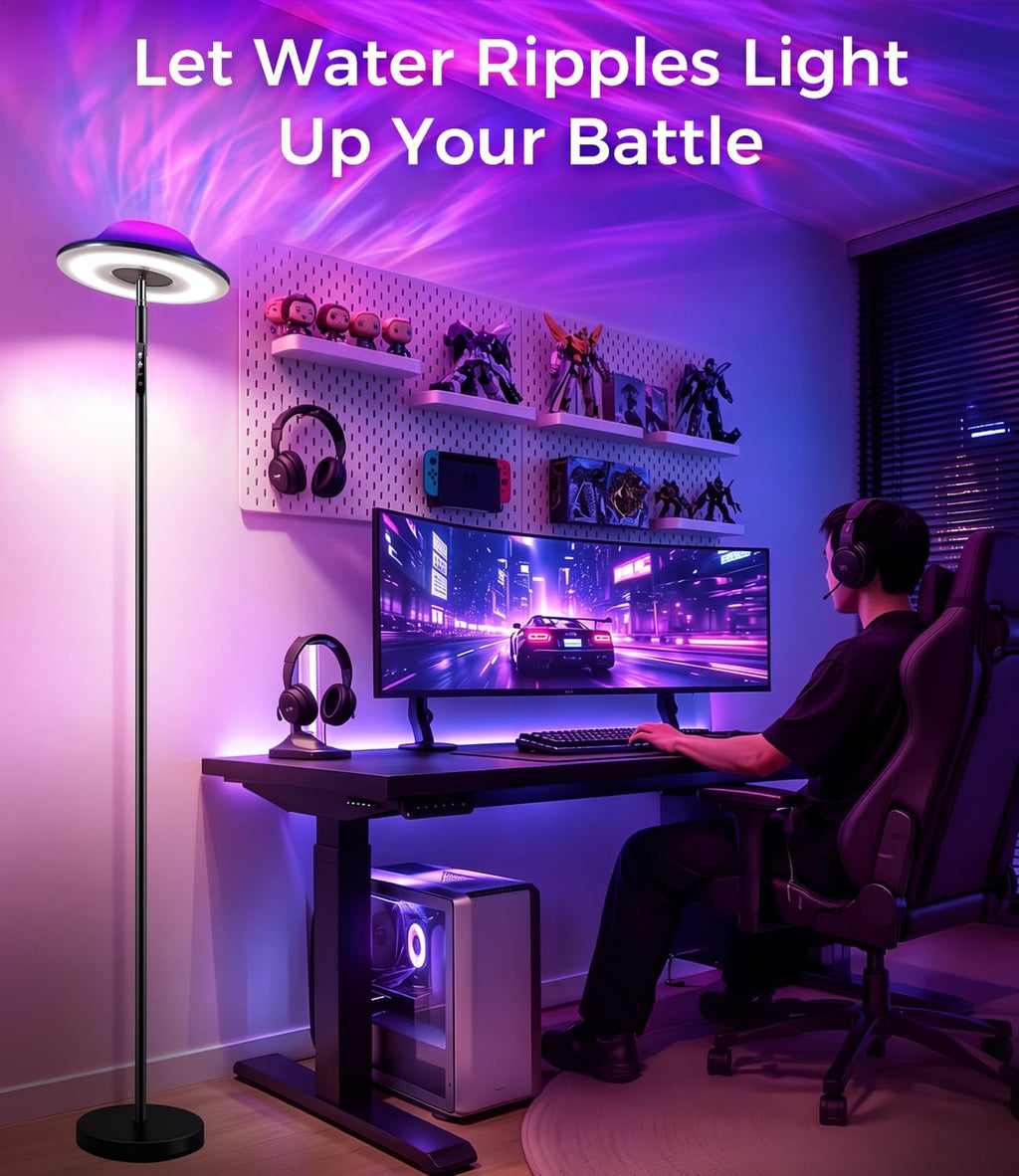 Uplighter LED Floor Lamp | RGB & Water Ripple Dynamic, Warm Cool White Light Standing Lamp with Remote Control, 3000K-6000K, Color-Changing Lighting for Living Room, Bedroom and Gaming Room