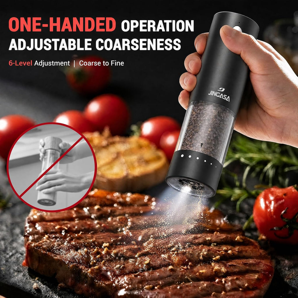[Upgraded Larger Capacity] Electric Salt and Pepper Grinder Set with USB Charging Base, 95Ml Large Capacity, Adjustable Coarseness,Stainless Steel Automatic Pepper Mill (Upgraded Adjustmen Black)