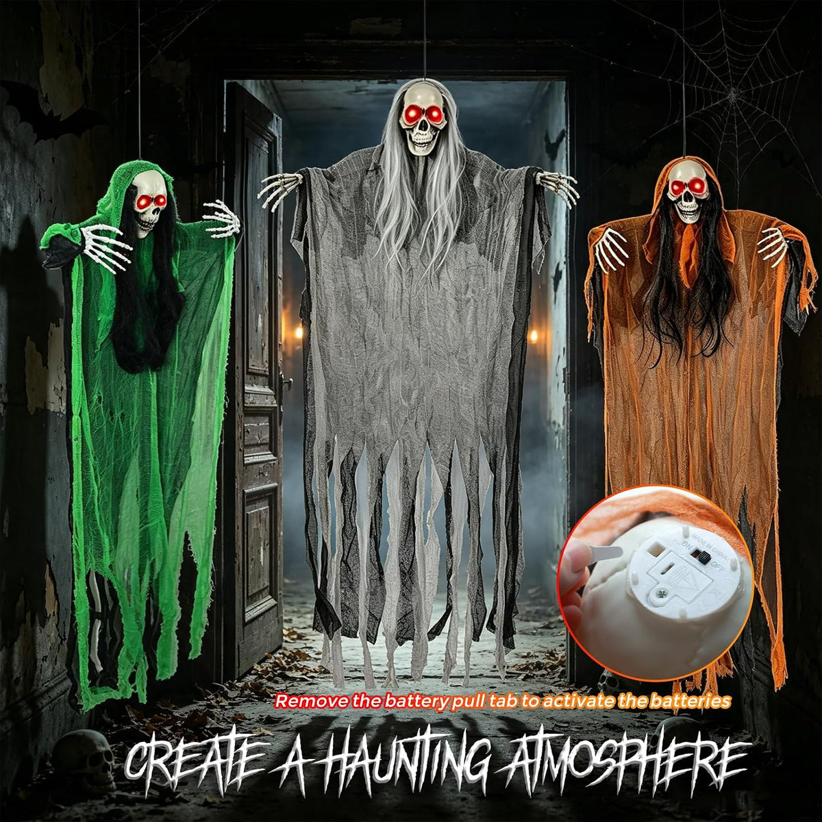 3 Pack Halloween Hanging Skeleton Ghost Decorations with Light up Red Eyes