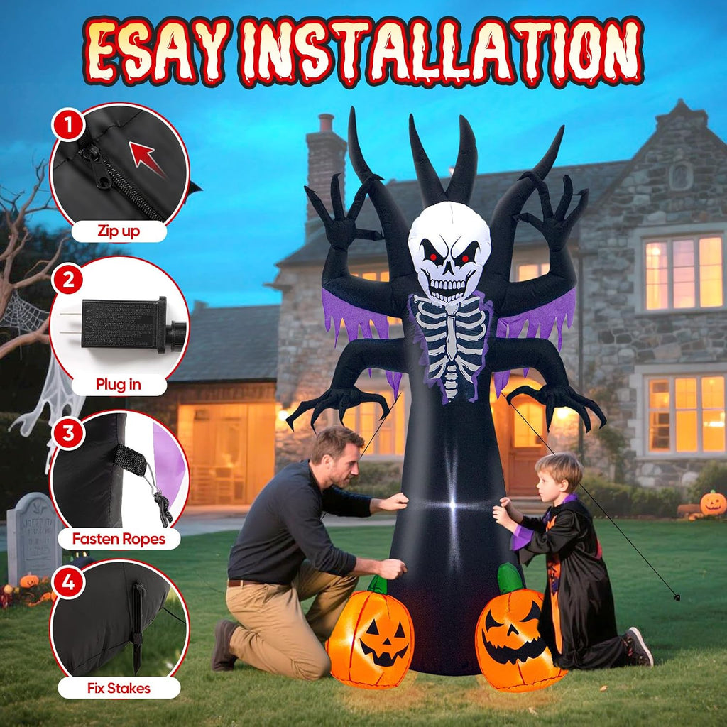 8FT Halloween Inflatable Skeleton Tree Grim Reaper Yard Decoration LED ...