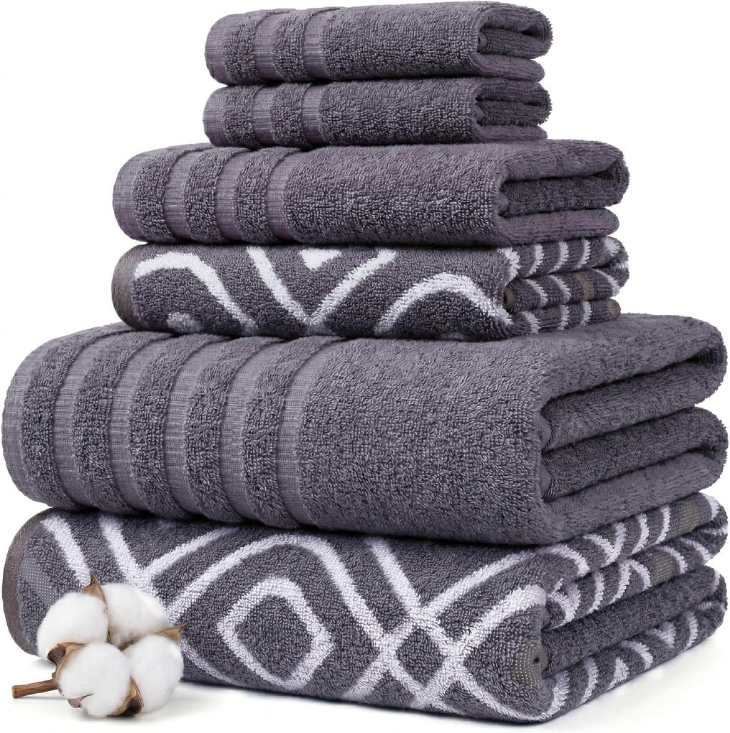 6 Piece Bath Towel Set – Bathroom Set with 2 Bath Towels, 2 Hand Towels, and 2 Wash Cloths – 100% Cotton, Super Absorbent & Extra Soft – Reversible Botanical Vine (Taupe Brown)