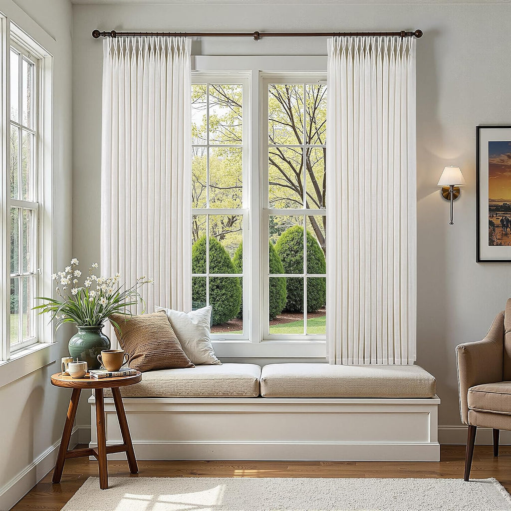 Pinch Pleated Linen Curtains 90 Inches Long Semi Sheer 2 Panels Natural