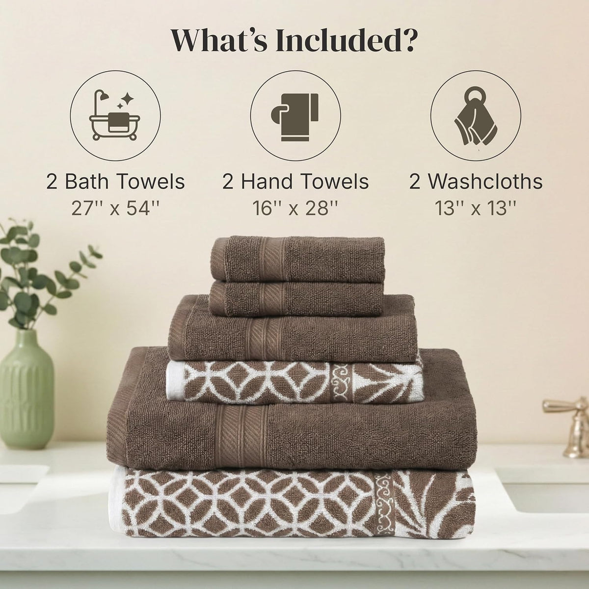 6 Piece Bath Towel Set – Bathroom Set with 2 Bath Towels, 2 Hand Towels, and 2 Wash Cloths – 100% Cotton, Super Absorbent & Extra Soft – Reversible Botanical Vine (Taupe Brown)