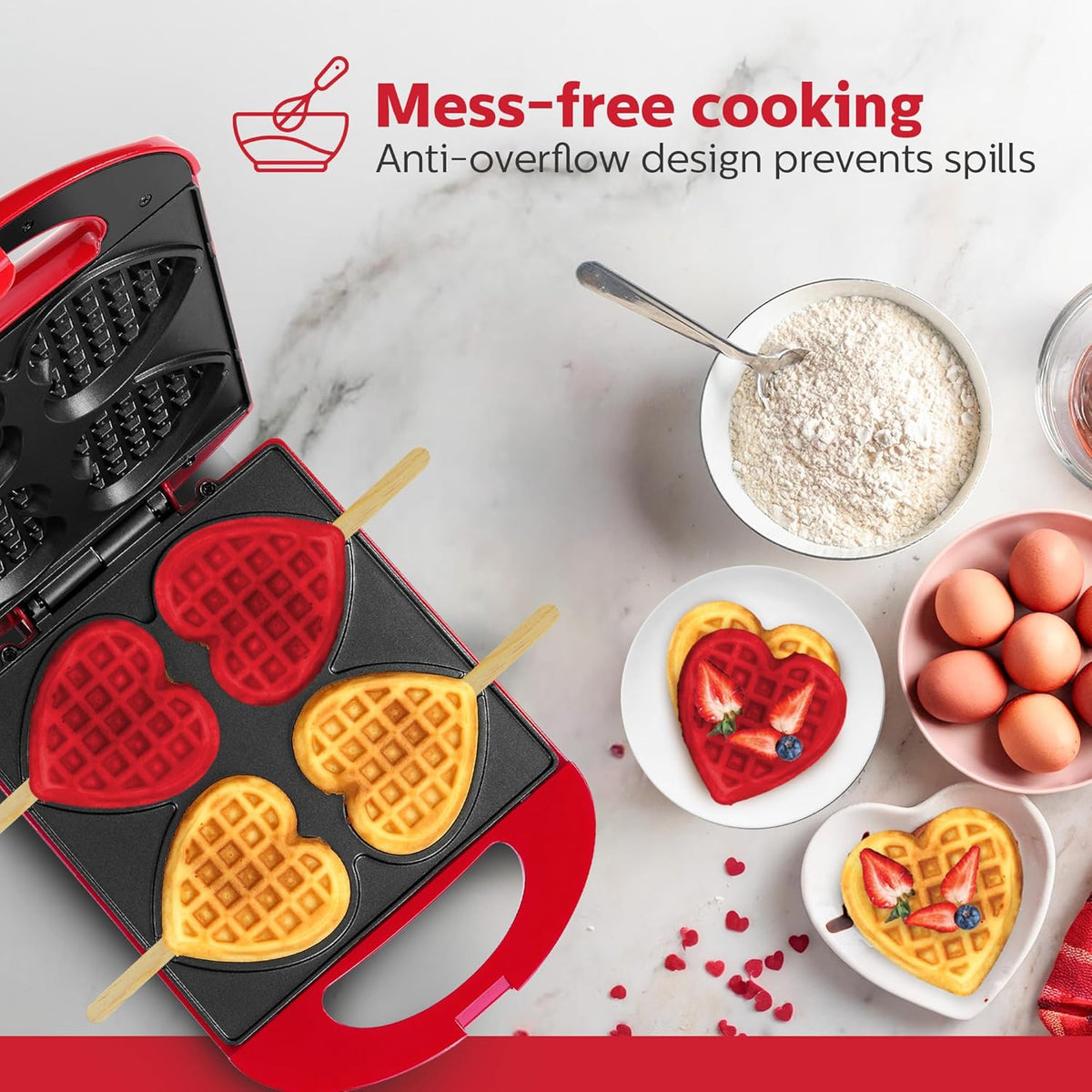 4-Section Heart Shaped Waffle Maker, Non-Stick Waffle Iron, Mini Waffle Maker for Kids, Non-Toxic Coating, Easy to Clean, Makes 4 Heart-Shaped Waffles in Minutes, Red