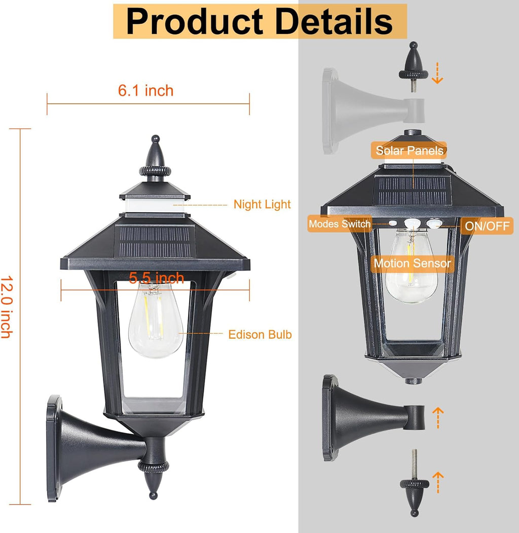 2 Pack Solar Wall Lantern Lights Outdoor with 3 Modes, Motion Sensor
