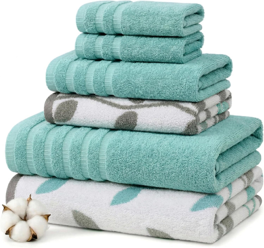 6 Piece Bath Towel Set – Bathroom Set with 2 Bath Towels, 2 Hand Towels, and 2 Wash Cloths – 100% Cotton, Super Absorbent & Extra Soft – Reversible Botanical Vine (Taupe Brown)