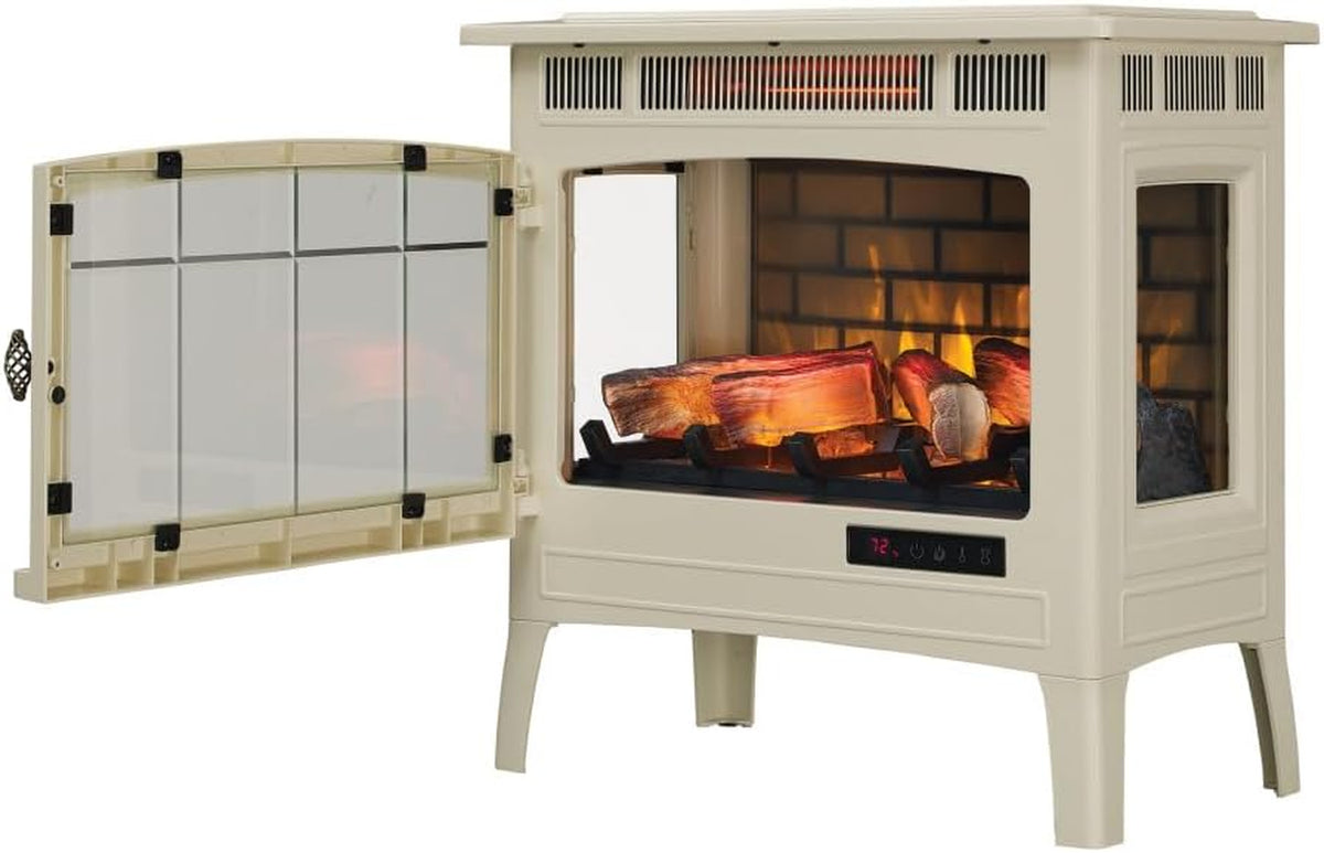 Freestanding Electric Fireplace Stove Heater with 3D Flame Effect for 1,000 Sq. Ft. Room, Cream