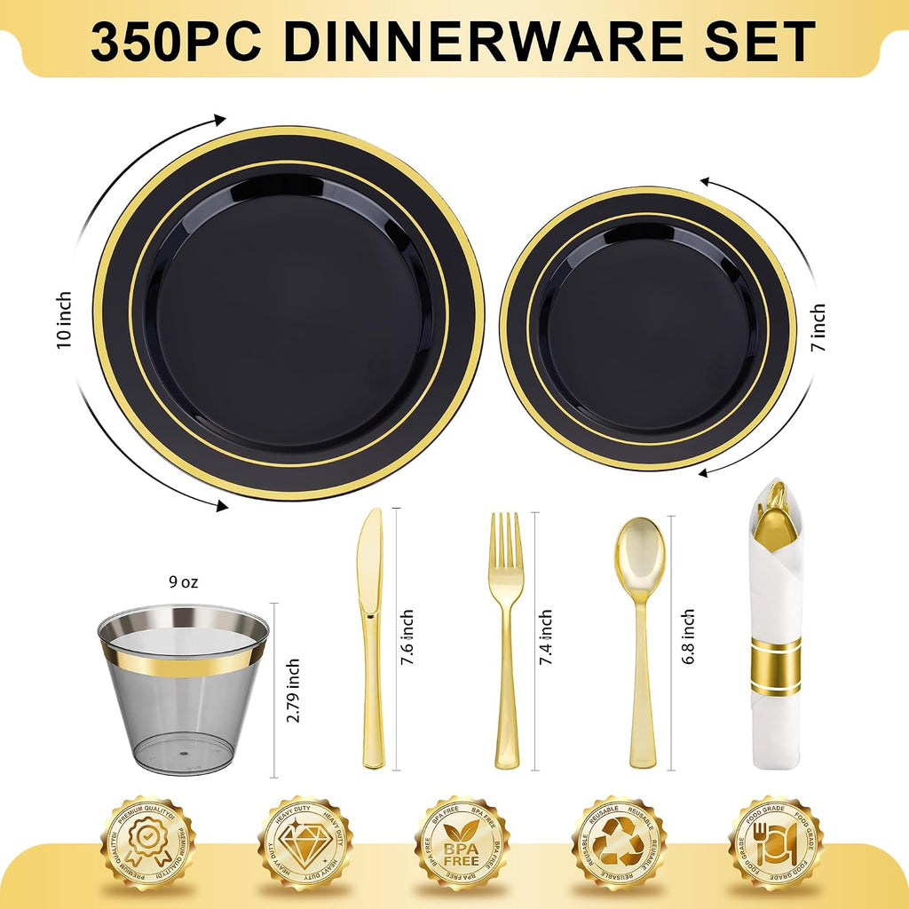 350 Piece Black Gold Dinnerware Set for 50 Guests