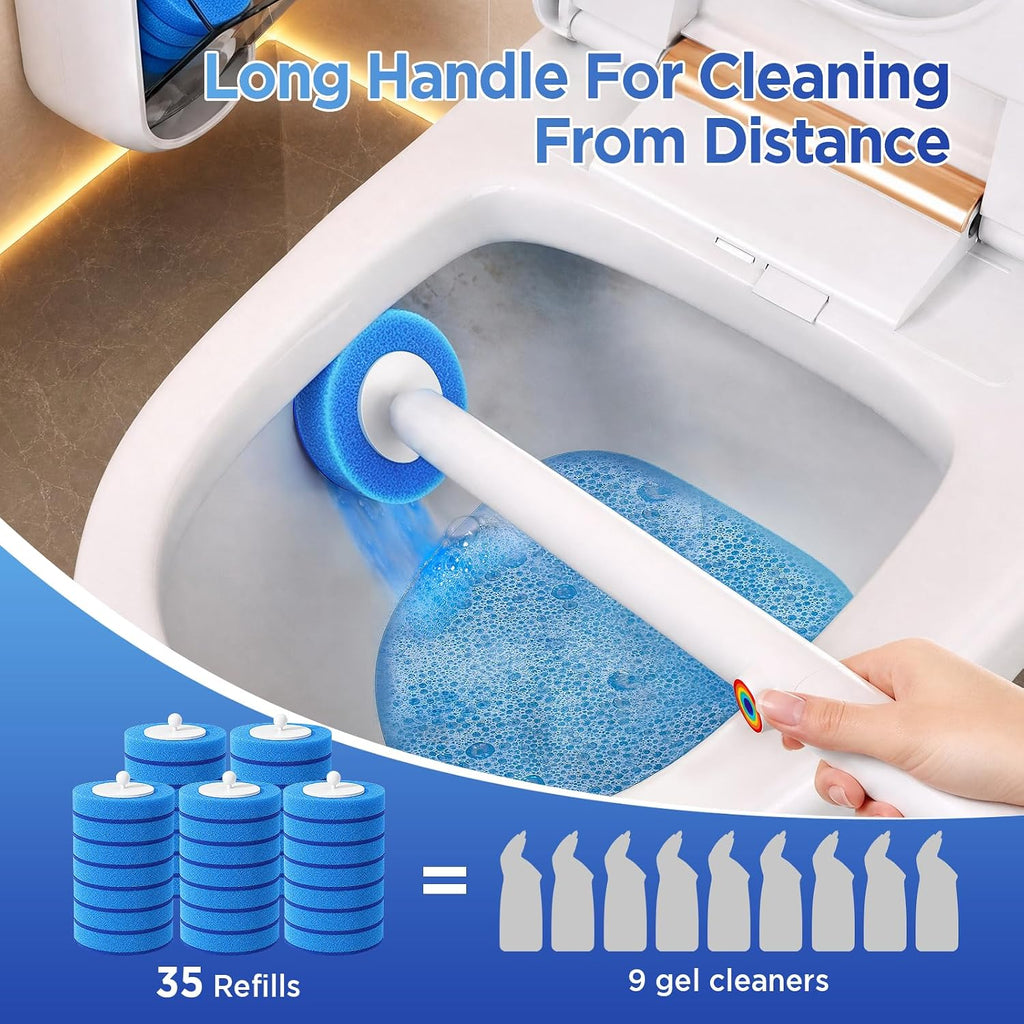 Disposable Toilet Brush, Wall Mounted Toilet Bowl Brush with 35 Blue Refills, Toilet Bowl Brush with Storage Box for Deep Bathroom Toilet Cleaning (1 Handle + 35 Refills).
