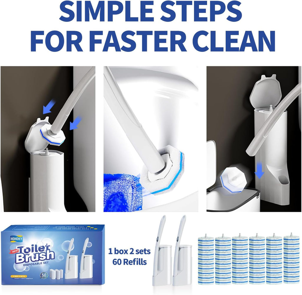 Disposable Toilet Brush Cleaning System, Two Sets of Wands and 60P Refills Pads Replacement Heads, Wall Mounted Toliet Stick Starter Kit Bathroom Maintenance, Toilet Bowl Cleaner Holder
