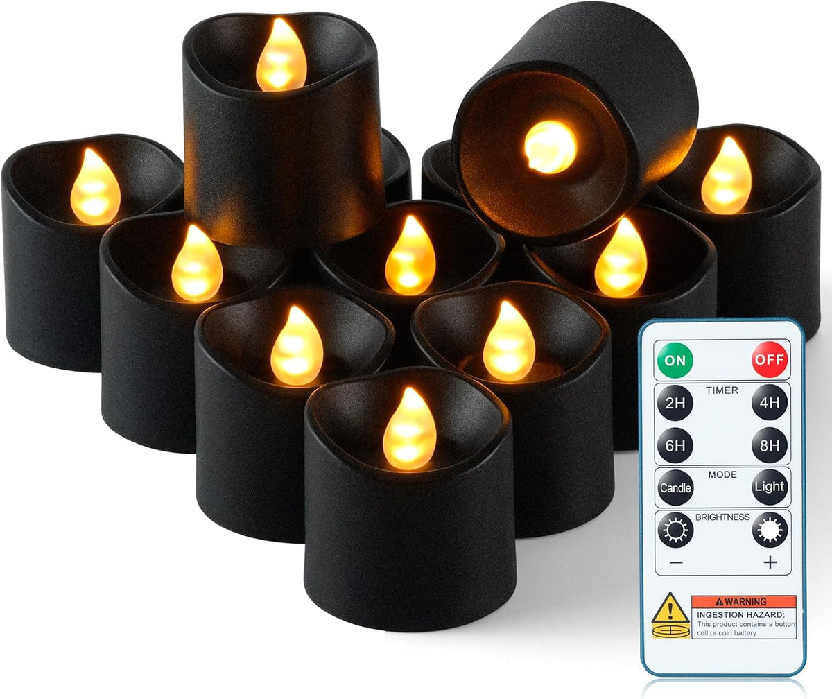 Black Flameless LED Votive Tealight Candles & Timer Remote, 12Pack