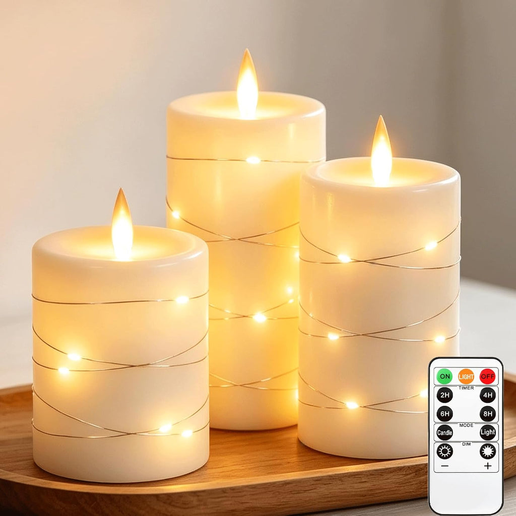 3 Pack Ivory Real Wax Flameless Taper Candles, Lifelike Flickering LED Flame Candles with Surrounding Copper String Lights, Soft Warm Battery Candles with Remote for Home Wedding Holiday Decor