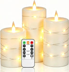 3 Pack Ivory Real Wax Flameless Taper Candles, Lifelike Flickering LED Flame Candles with Surrounding Copper String Lights, Soft Warm Battery Candles with Remote for Home Wedding Holiday Decor