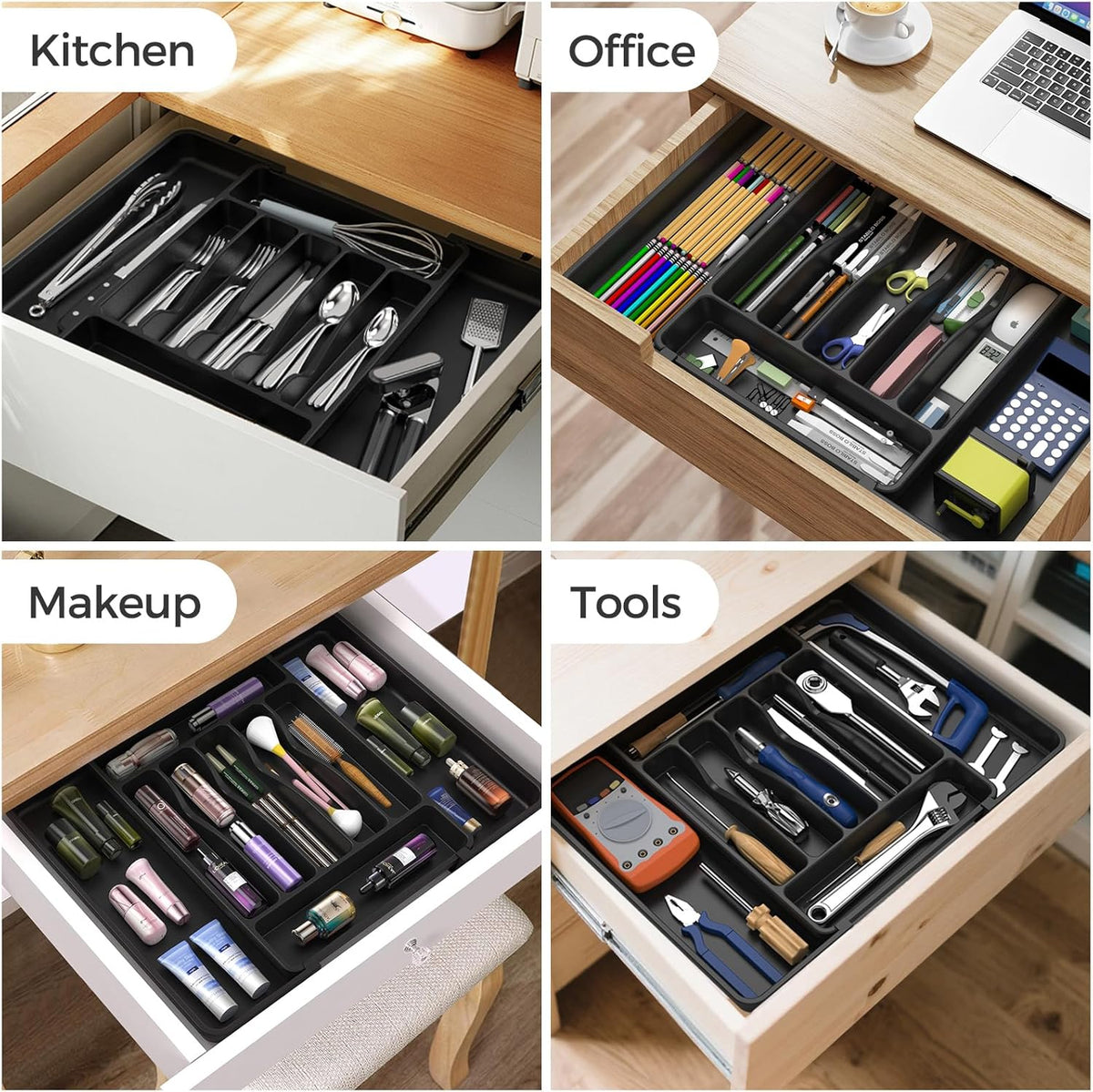 Extra Large Expandable Silverware Organizer, Flatware Tray, Black
