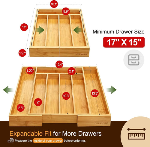 Expandable Bamboo Kitchen Drawer Organizer for Cutlery and Utensils, Adjustable Bamboo Wood Cutlery Tray in Drawer for Flatware and Silverware in Kitchen, (Natural)