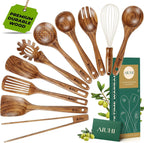 10Pcs Wooden Kitchen Utensils, Teak Wood Utensil Set for Kitchen, Heat-Resistant Wooden Spoons for Cooking, Nonstick Wood Spatula Soup Ladle Tong Egg Whisk