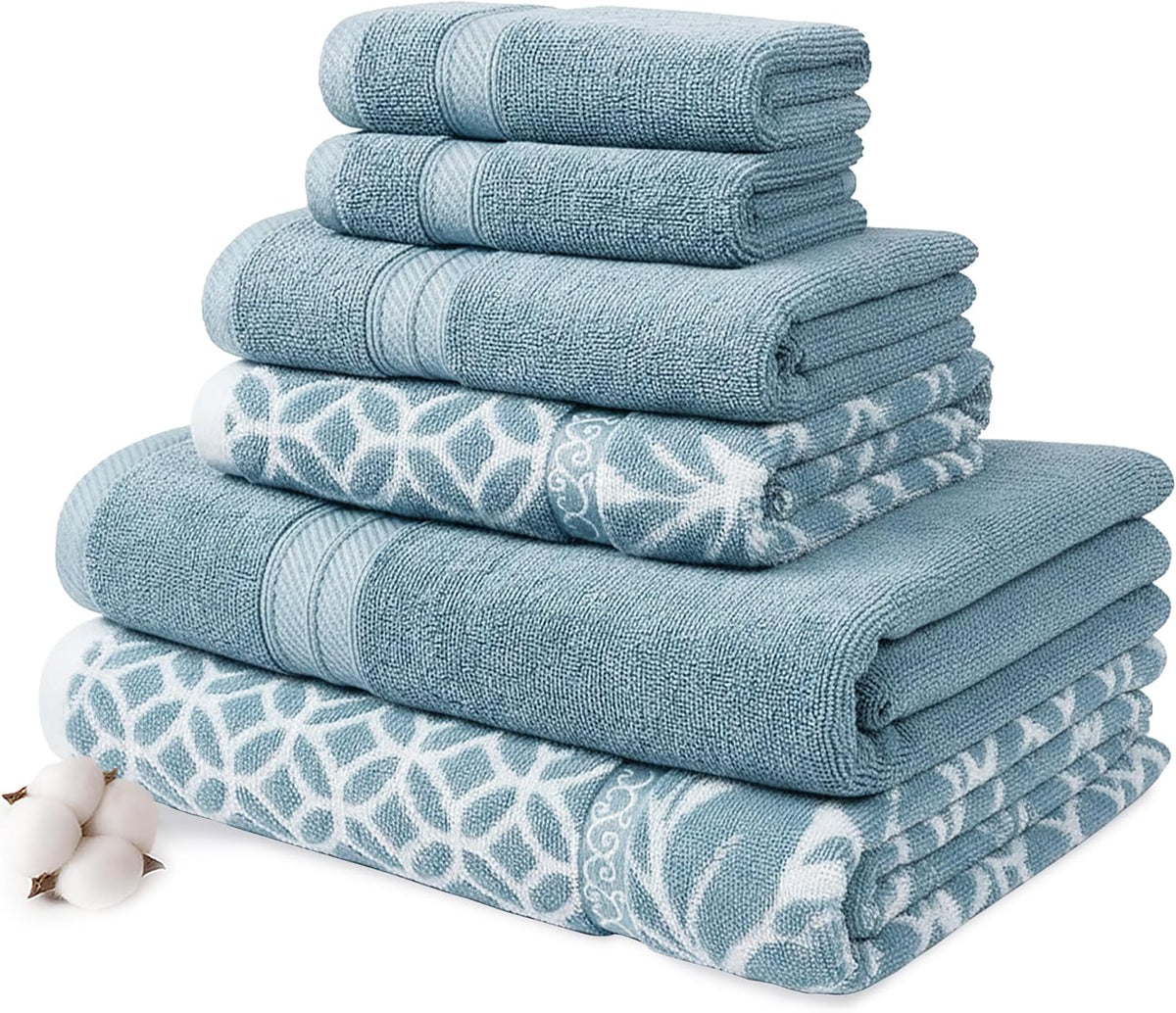 6 Piece Bath Towel Set – Bathroom Set with 2 Bath Towels, 2 Hand Towels, and 2 Wash Cloths – 100% Cotton, Super Absorbent & Extra Soft – Reversible Botanical Vine (Taupe Brown)