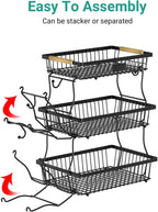 3 Tier Fruit Basket for Kitchen Counter with 2 Banana Hangers, Countertop Metal Fruit Bowl with Wooden Handle, Large Storage Stand for Vegetables, Snacks, Breads, Produce Storage – Black