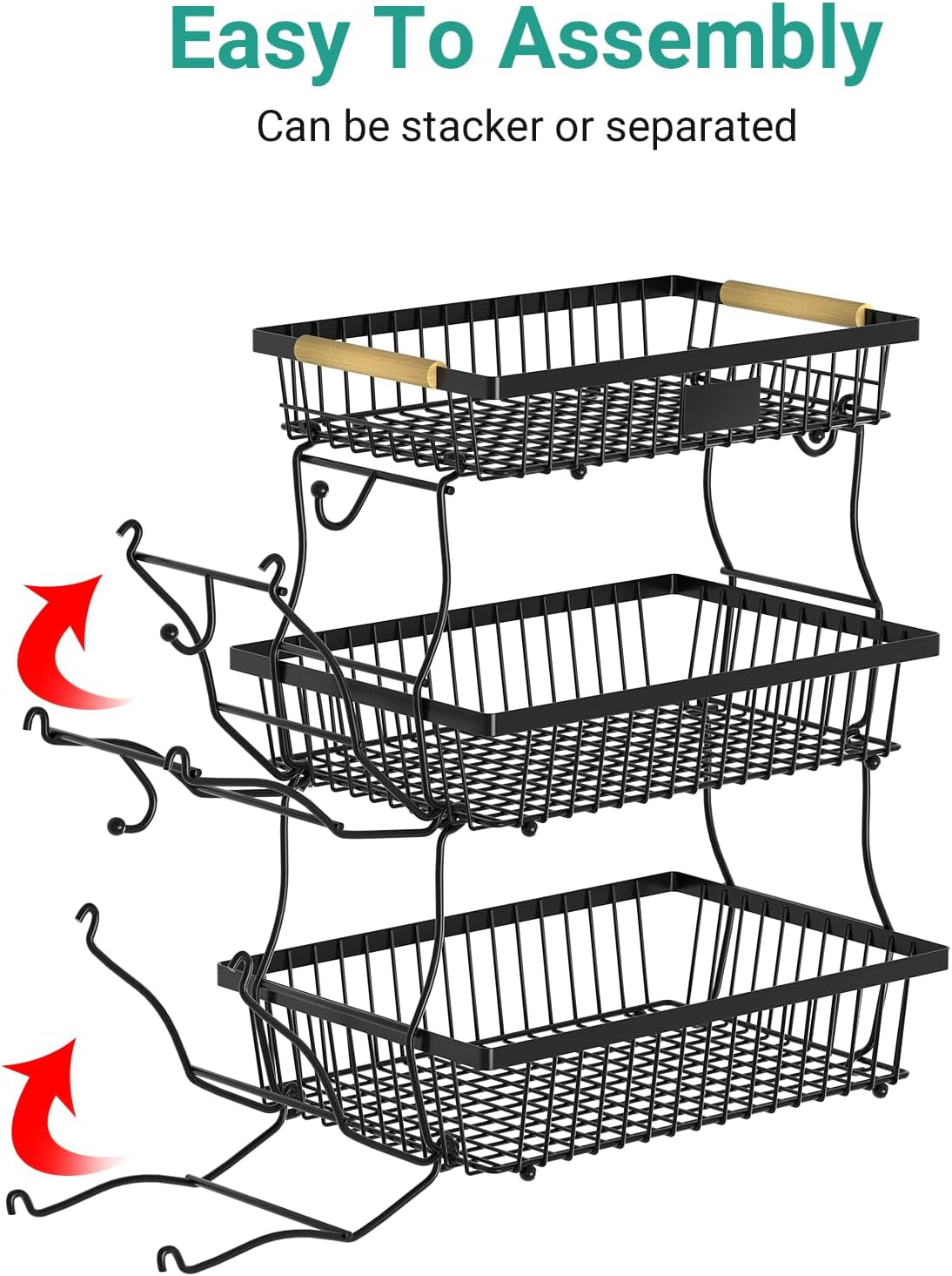 3 Tier Fruit Basket for Kitchen Counter with 2 Banana Hangers, Countertop Metal Fruit Bowl with Wooden Handle, Large Storage Stand for Vegetables, Snacks, Breads, Produce Storage – Black