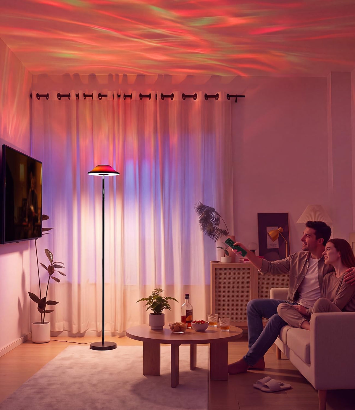 Uplighter LED Floor Lamp | RGB & Water Ripple Dynamic, Warm Cool White Light Standing Lamp with Remote Control, 3000K-6000K, Color-Changing Lighting for Living Room, Bedroom and Gaming Room
